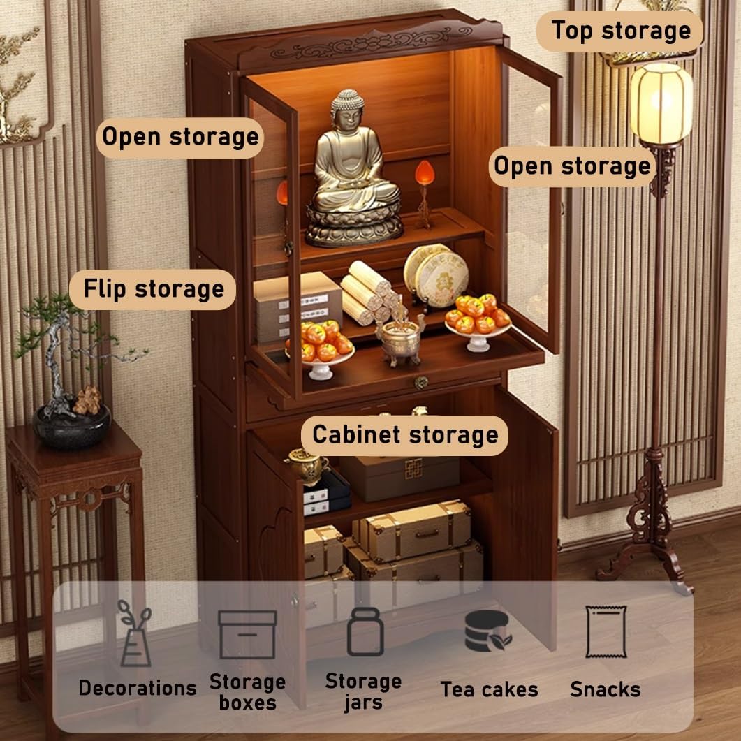 Personal Shrine Altar Table, Buddha Niche Chinese Cabinet Altar with Storage and Drawer, Bamboo Meditation Table Incense Burner Pedestal Offering Table for Prayers Divination(Open,68cm/26.7")