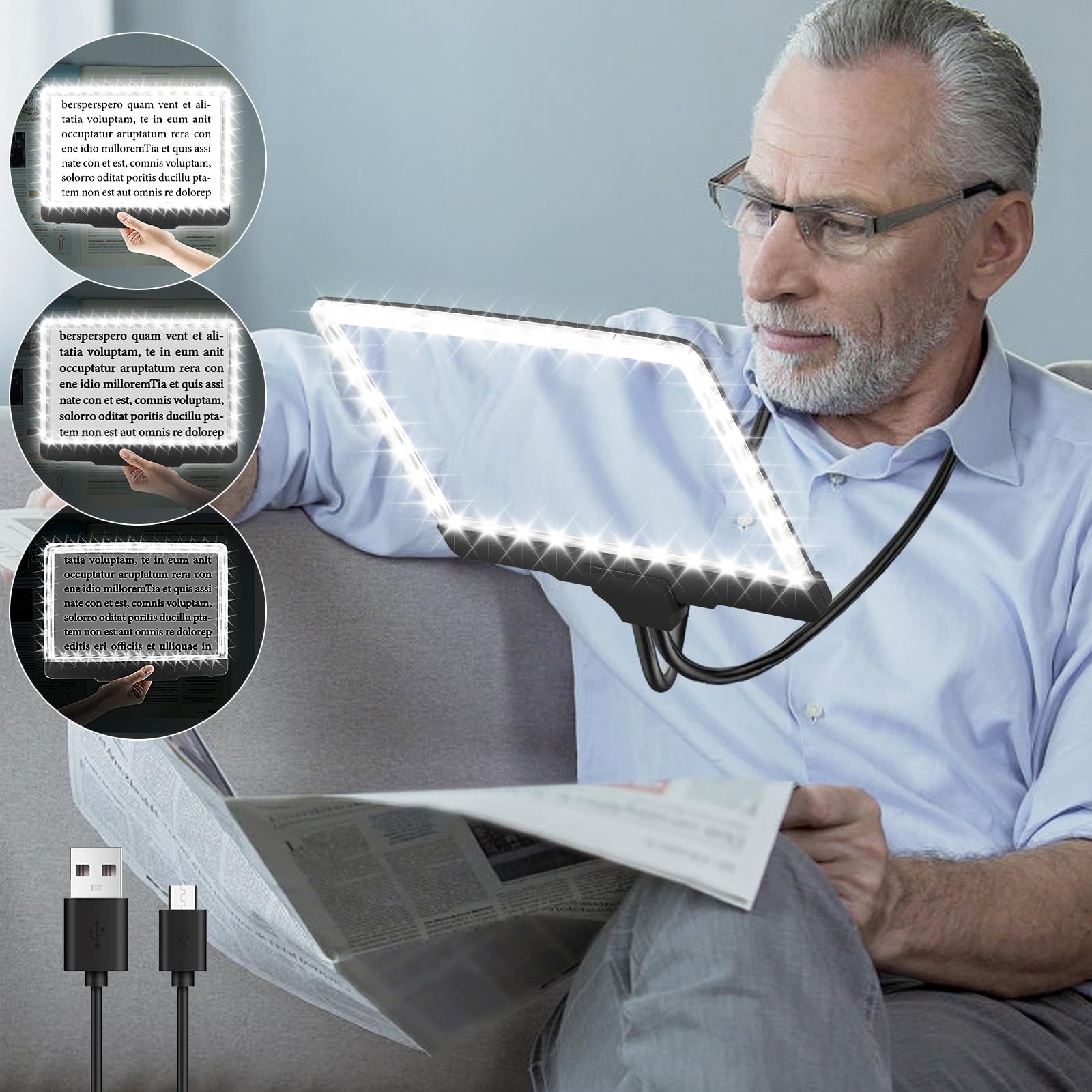 TOCBIURechargeable 5X Hands Free Magnifying Glass for Reading Large Full Book Page Magnifier for 43 Ultra-Bright LEDs Light Flexible Gooseneck Magnifier for Neck Wear Seniors Repair Sewing Cross Work