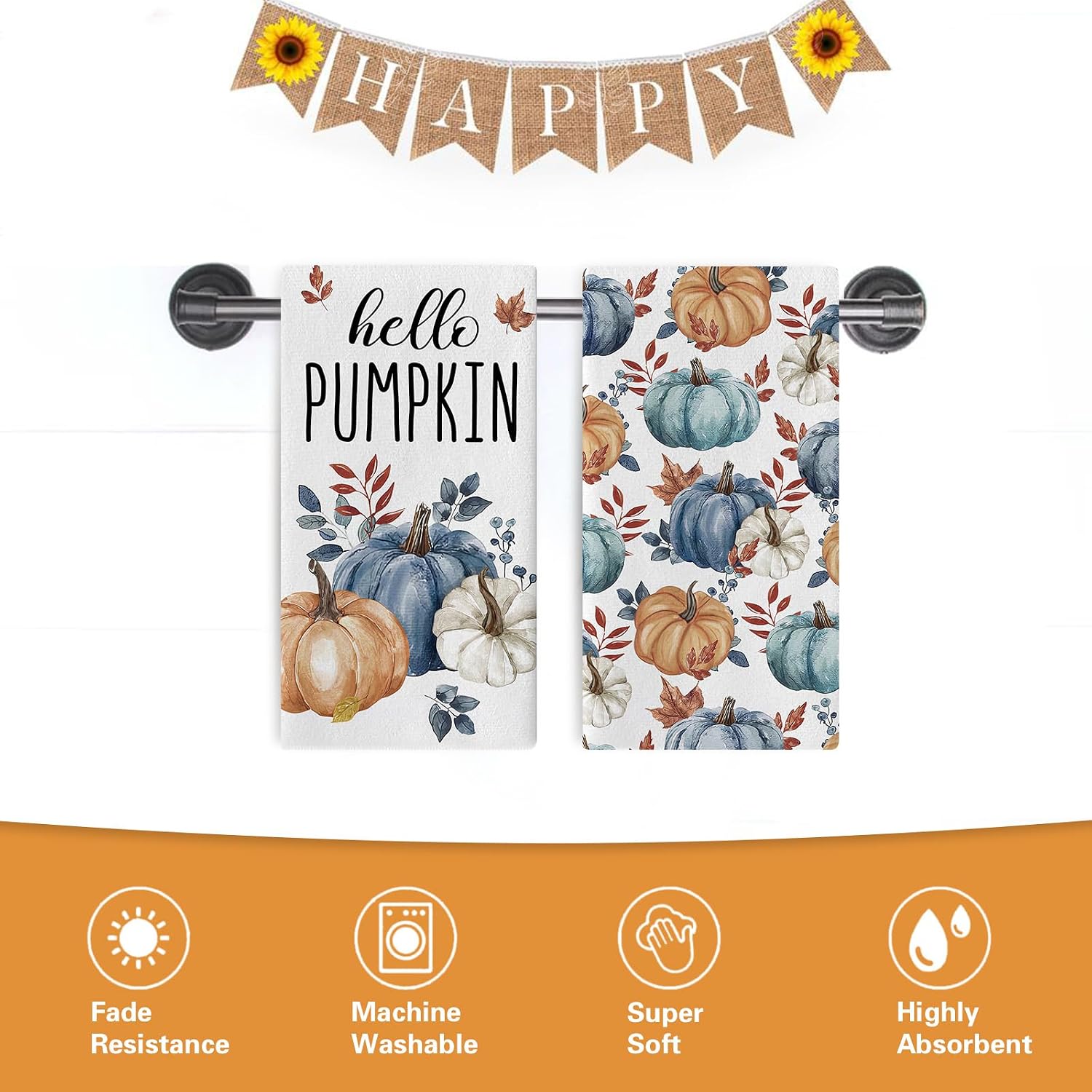 Fall Hello Pumpkin Kitchen Dish Towels Set of 2, Watercolor Blue Teal