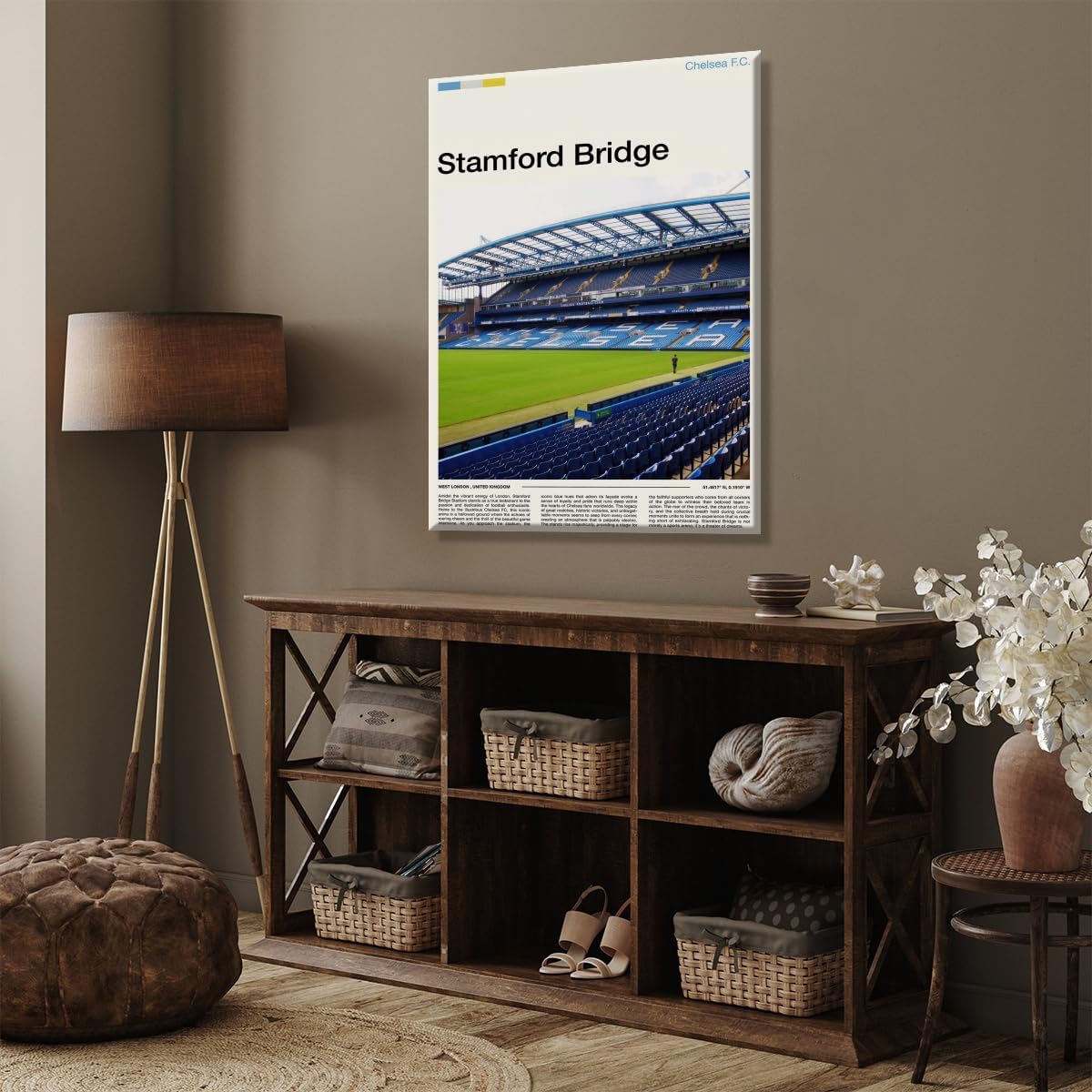 Trendy Football Fan Wall Art Stamford Bridge Stadium Canvas Prints Poster with Coordinates 51.4817°N 0.1910°W Vintage Wall Decor for Office Teen Bedroom1 Unframed20x30inch