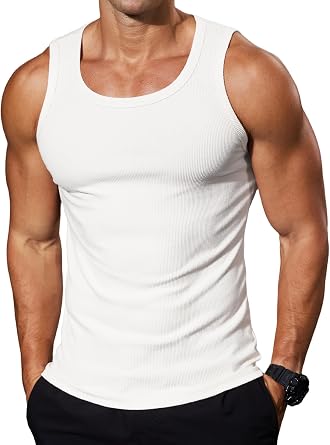 Comdecevis Mens Ribbed Muscle Tank Tops | Soft Stretch Fabric, Fitted Silhouette, Breathable Comfort, Layering Essential, Gym Workouts, Running and Casual Wear
