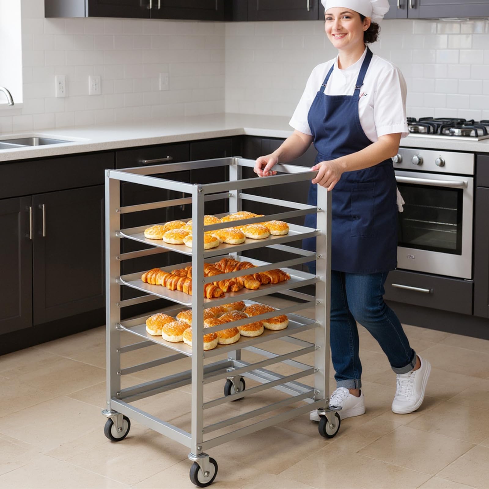 Estante de aluminio de 9 niveles con espacio de 3 pulgadas para el hogar, cocina comercial, panadería, panadería, con ruedas de freno, bandeja de cocina comercial, para restaurante, cafetería