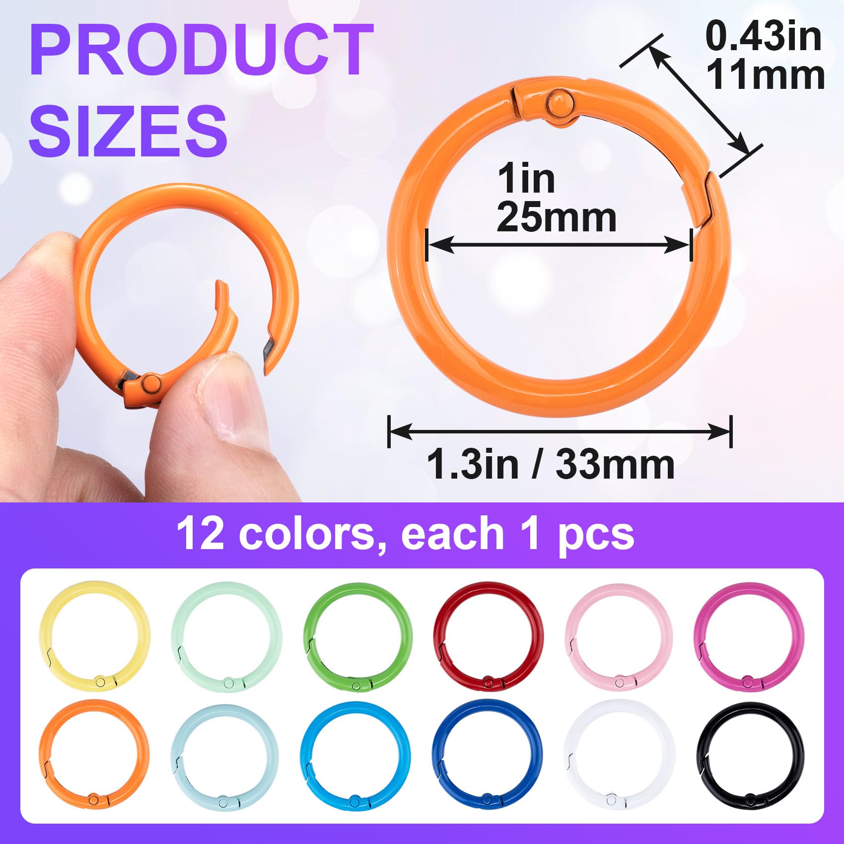 HINZIC 12Pcs Colorful Metal Spring O Rings, 33 mm Round Carabiner Snap Clip Trigger Buckles Spring Keyrings DIY Accessories for Bag Purse Handbag Keychains