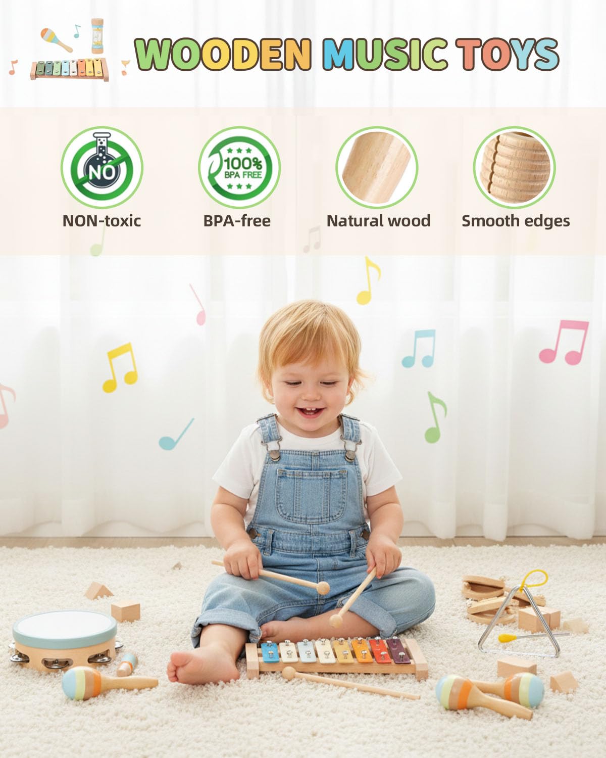 Maraiss Wooden Musical Instruments Set for Kids 10-Piece Natural Percussion Toys with Xylophone & Maracas - Image 4