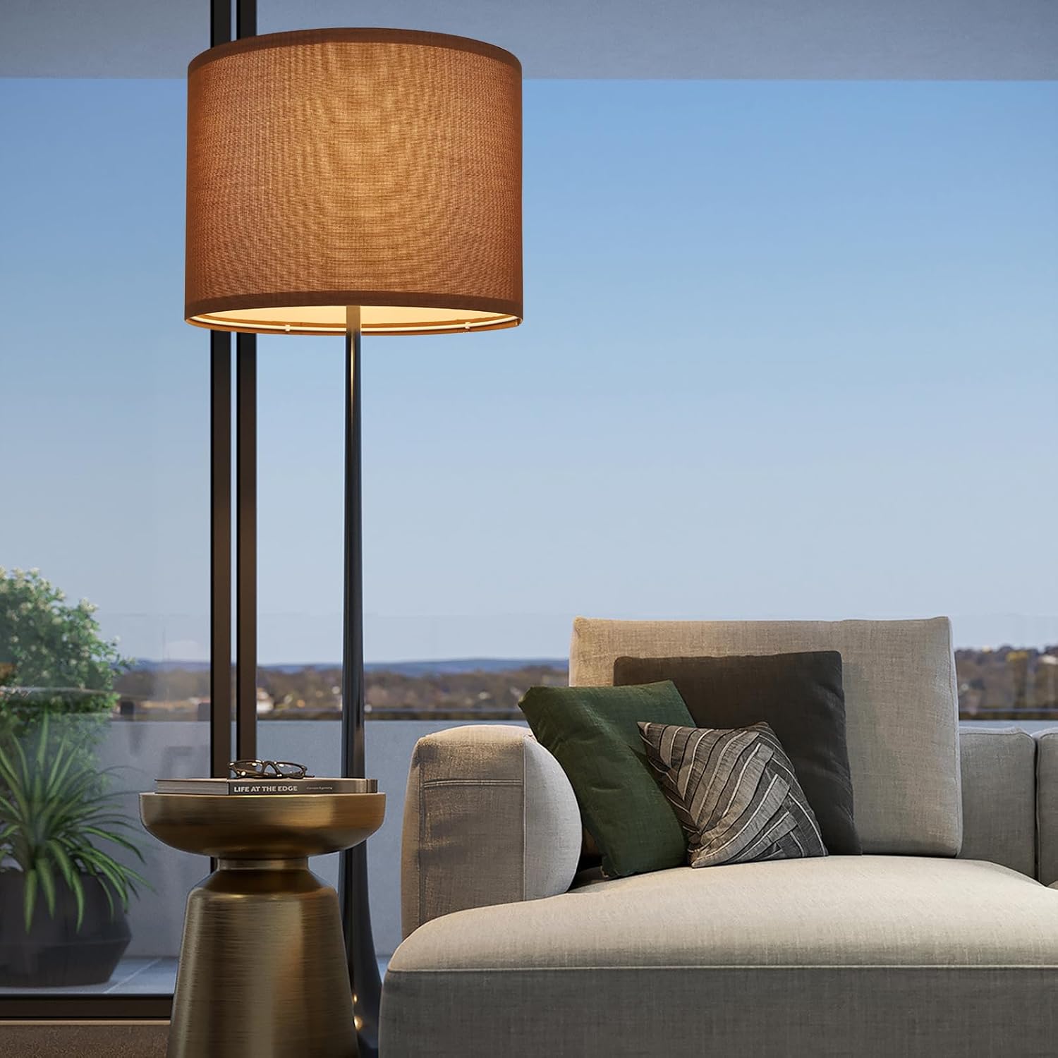 Lamp Shades Set of 2, Drum Lampshade for Table Lamps Floor Lamp, 13" Top X 13" Bottom X 10" High Brown Large-Medium Line Fabric Lamp Shades, Easy Assembly Replacement Lampshades