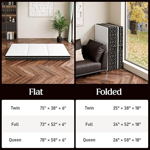 Miniatura 6 de Colchón de espuma viscoelástica de tres pliegues tamaño individual, colchón plegable portátil de 6 pulgadas con asa y funda lavable, cama de piso