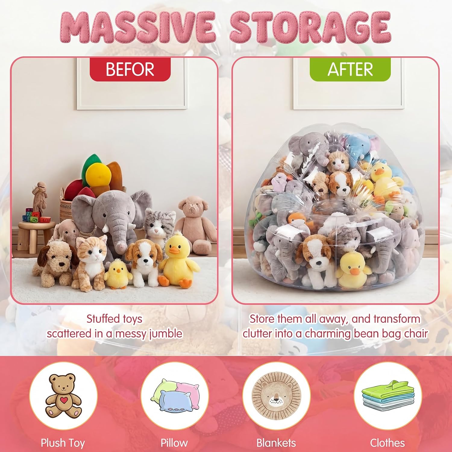 Novabright Clear Stuffed Animal Storage Bean Bag Chair Cover Extra Large 150l, Waterproof & Easy-clean Toy Organizer with Plastic Window, For nursery, Bedroom, Playroom (Cover Only, No Filler)