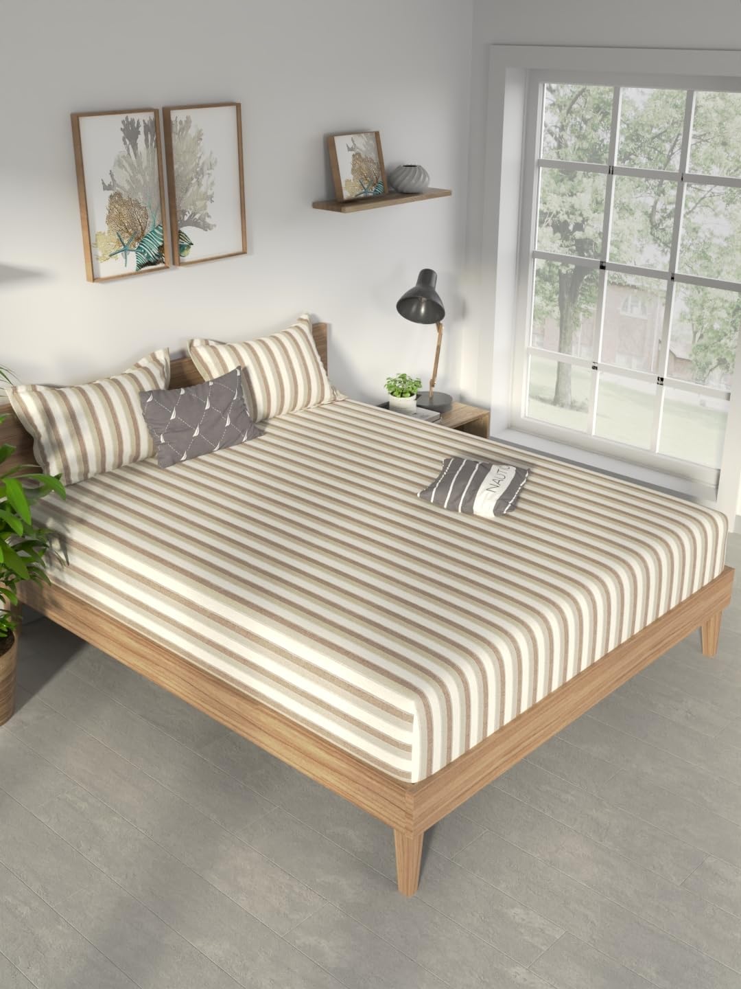NAUTICA Cotton King Bedsheet with 2 Pillow Covers -3pc Set (Pacific Coast) | 160TC | Super Soft Touch Stripe-sage/Brown-image-13