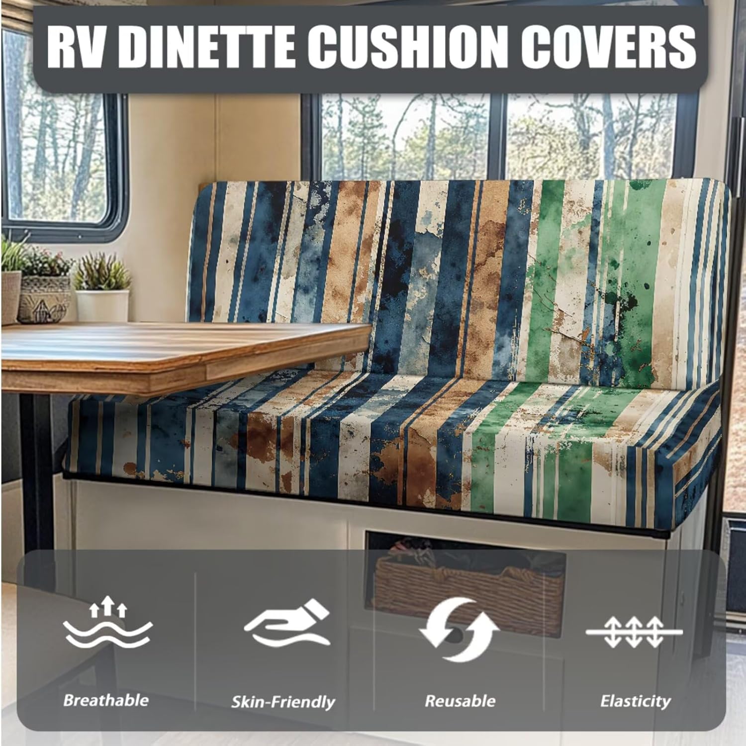 Stripes RV Dinette Cushion Covers Booth Set Elastic Camper Cushion Covers Replacement Sofa Slipcovers Washable (2 Backrest Cover & 2 Bench Cover)