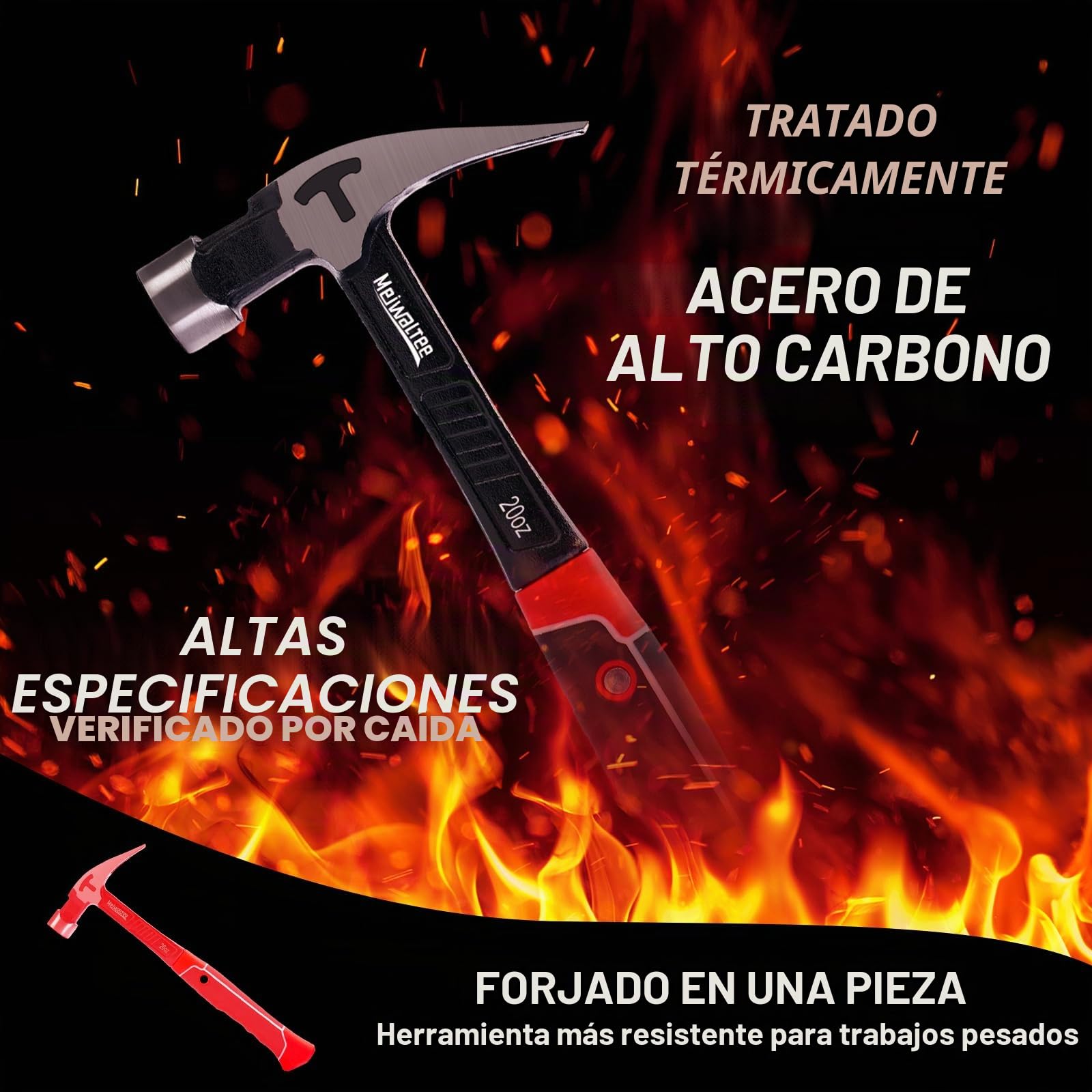 Martillo de Carpintero Recto con Soporte Magnético Para Clavos, Superficie Fresada y Mango que Absorbe los Golpes, Martillo de Garra con Forma Ergonómica-850 g de Peso