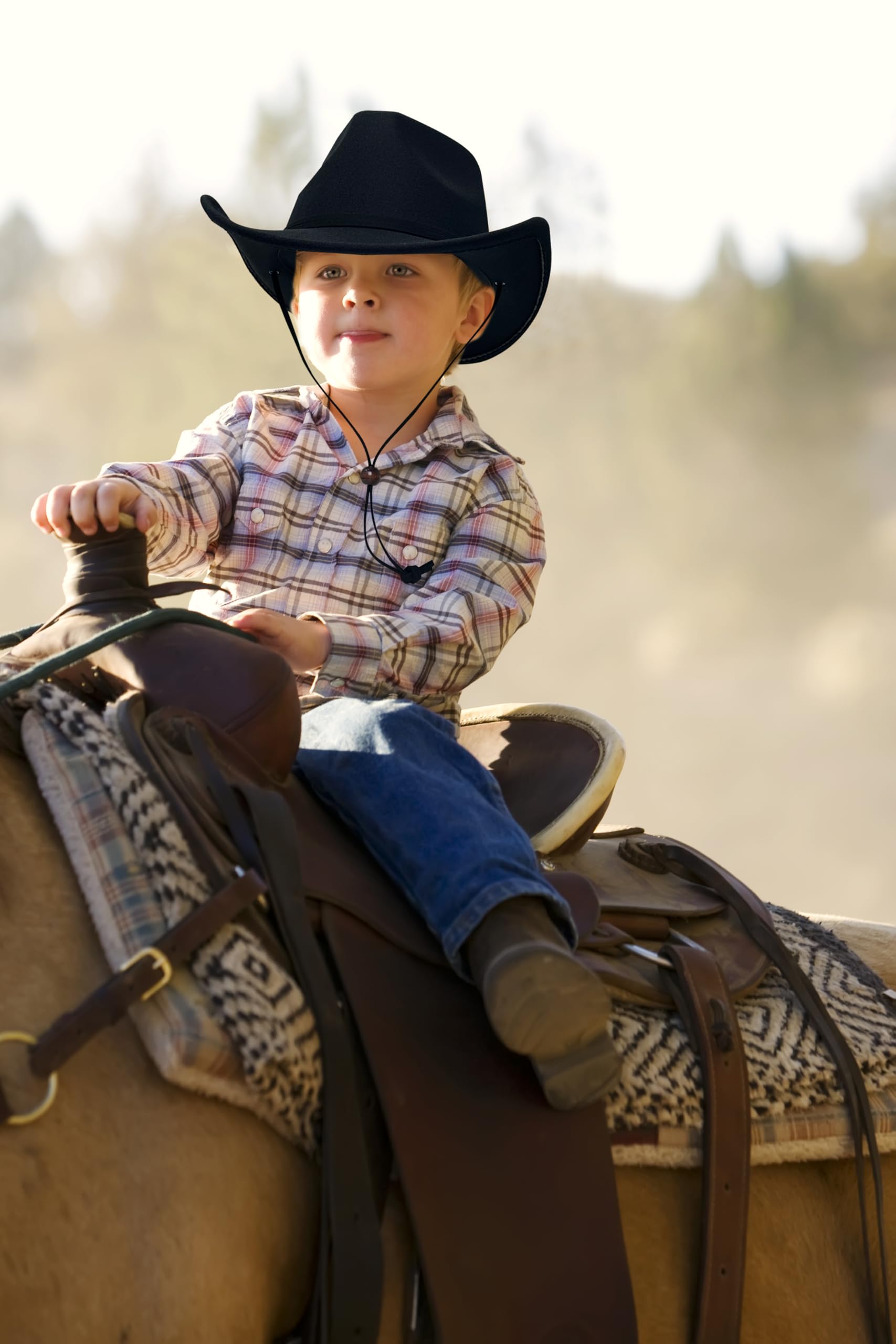 Lanzom Cappello da cowgirl in feltro retrò a tesa larga da cowboy occidentale per bambini e ragazzi con cordino antivento