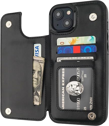 ONETOP Compatible con iPhone 15 Plus Funda Tipo Cartera con Portador de Tarjetas, Cuero PU con Soporte y Ranuras para Tarjetas, Doble Cierre