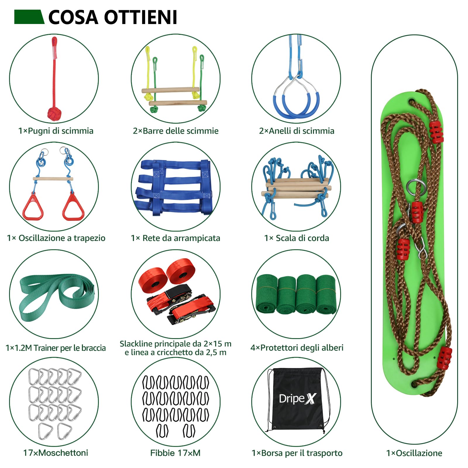 Dripex Percorso ad Ostacoli Ninja per Bambini 15m×2 Slackline 10 Ostacoli durevoli Allenamento all'aperto Cortile Altalena Rete Scala Arrampicata