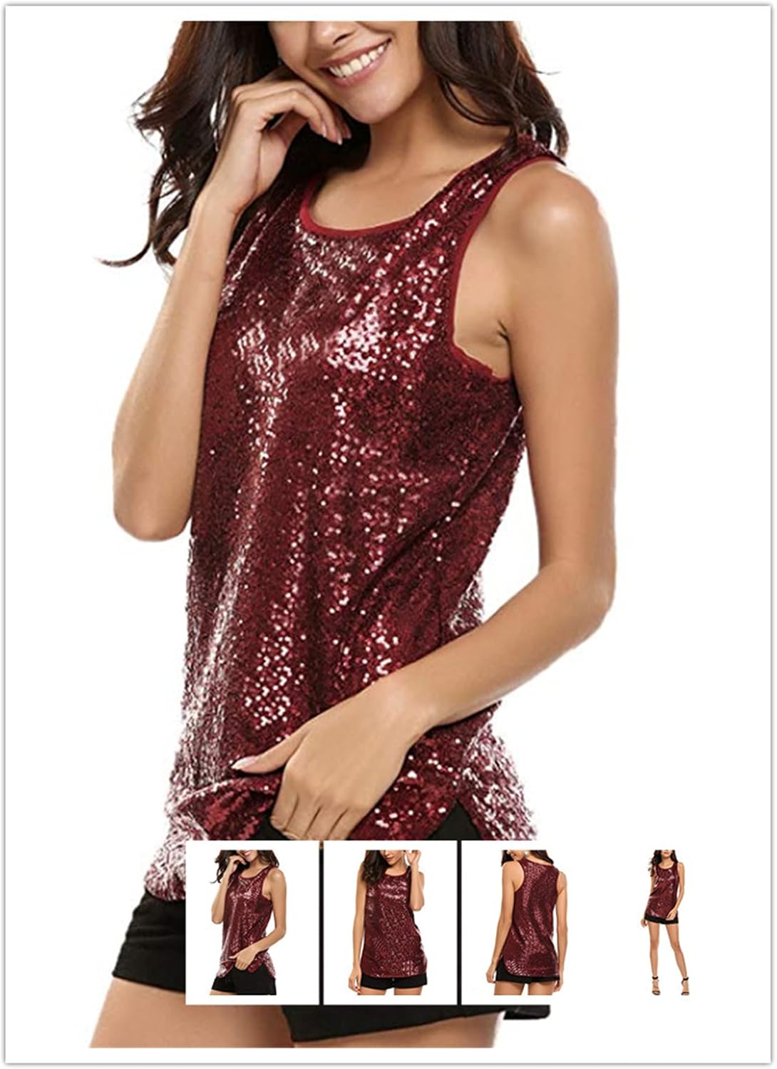 Andongnywell Women's Solid Color Round Neck Sequined Strap Sequin Tank Tops Camisole Blouses Tunics