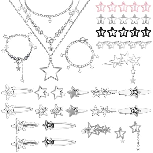 45PCS Y2K Hair Clips for Women Girls, Star Barrettes, Necklace
