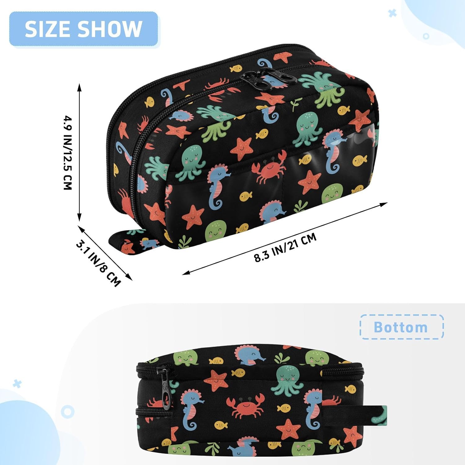 ALAZA Octopus Seahorse Crab Fish Large Capacity Pencil Case, Aesthetic Stationery Organizer Bag with Clear PVC Window, High Capacity Pen Pouch with Dividers for School Office Travel image 3