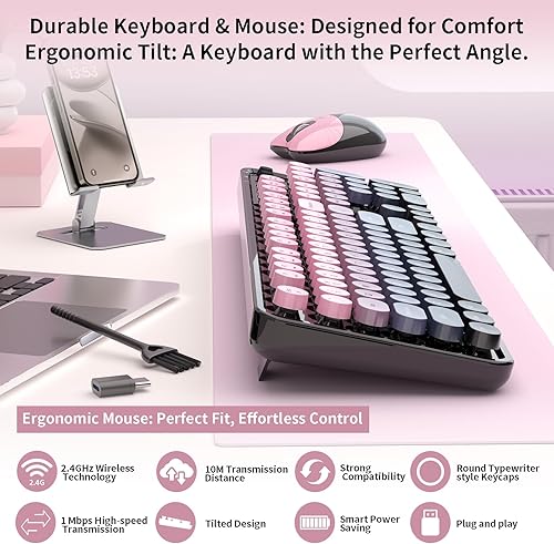 Miniatura 2 de Teclado y mouse inalámbricos, 104 teclas redondas MOFII máquina de escribir retro con OTG y cepillo, ergonómico de tamaño completo, ideal para PC