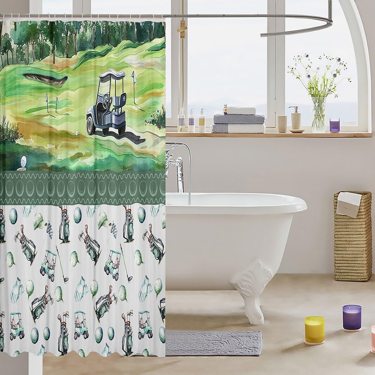 Homewish Golf Bath Curtain Panel,Boys Sports Ball Games Themed Waterproof Fabric Shower Curtain,Watercolor Golf Club Green Course Bathroom Curtain with 12 Hooks, 72Wx78L inch