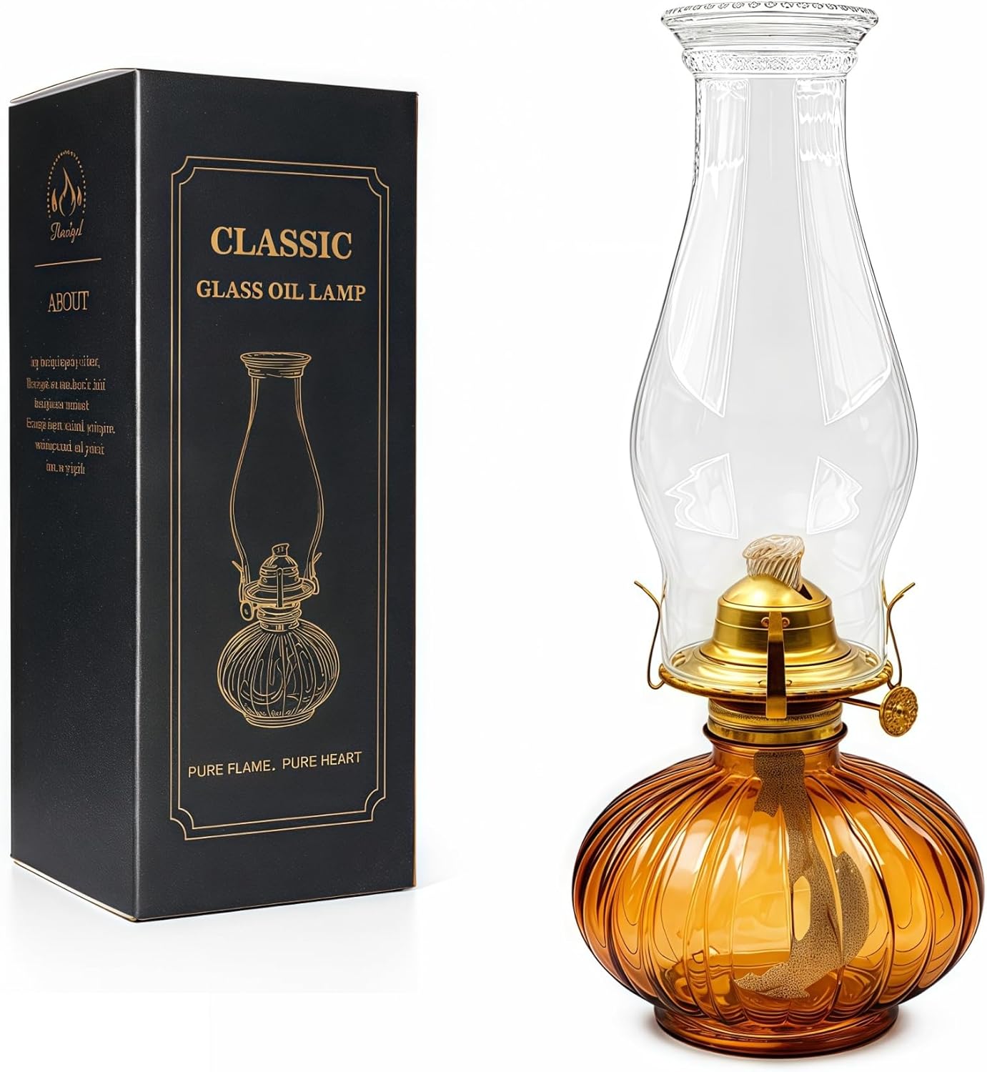 13" Large Glass Kerosene Oil Lamp, Vintage Hurricane Lantern with Thickened Glass Base, Chamber Oil Lamp for Indoor Use, Rustic Tabletop Lantern for Home Decor, Emergency Lighting(Amber)