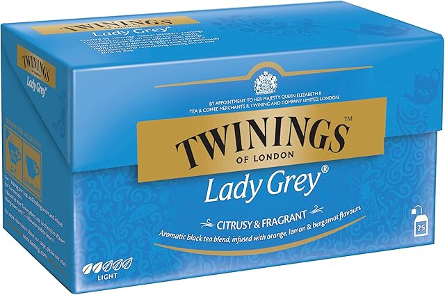 Twinings Lady Grey Czarna herbata w torebkach, mieszanka chińskich rodzajów czarnej herbaty ze skórką pomarańczy i cytryny, uzupełniona aromatem bergamotki, 25 torebek herbaty, 50 g