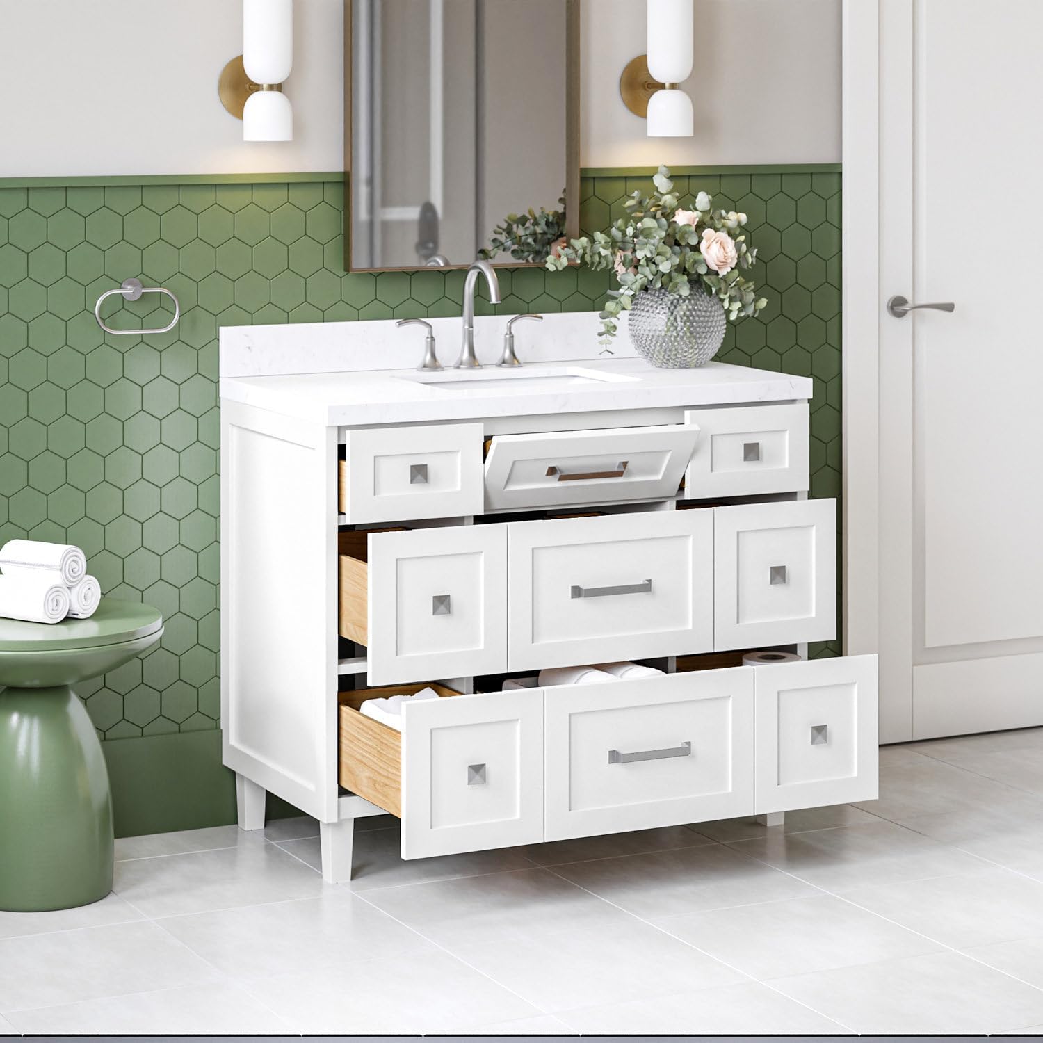 ARIEL Monroe 42-inch Bathroom Vanity with Sink,Solid Wood, 1.5-inch Carrara White Quartz Countertop & Backsplash, Single Oval Porcelain Sink, 9 Dovetail Drawers, Brushed Nickel, White