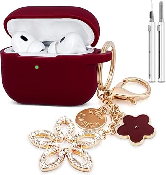 KOUJAON Compatible with AirPods Pro 2nd Generation Case with Cleaner Kit, Silicone Protective Case for Apple AirPod Pro 2nd/1st Earbuds Wireless Charging Cases with Bling Keychain Burgundy Red