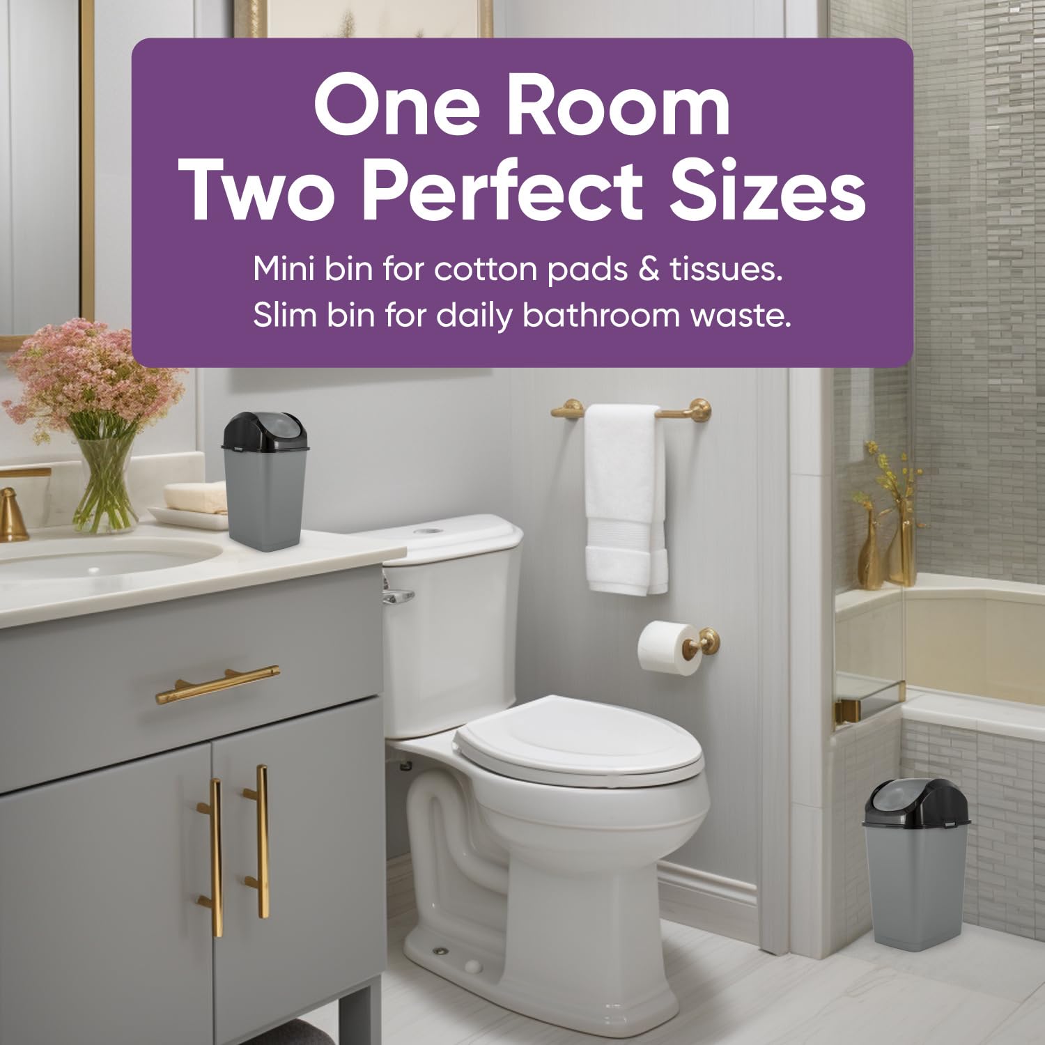 Superio Mini 1.25 Gallon and Small 2.5 Gallon Plastic Trash Cans with Swing Top Lid, Grey Waste Bin for Countertop, Desk, Vanity, Bathroom, 2 Pack (Grey/Black)