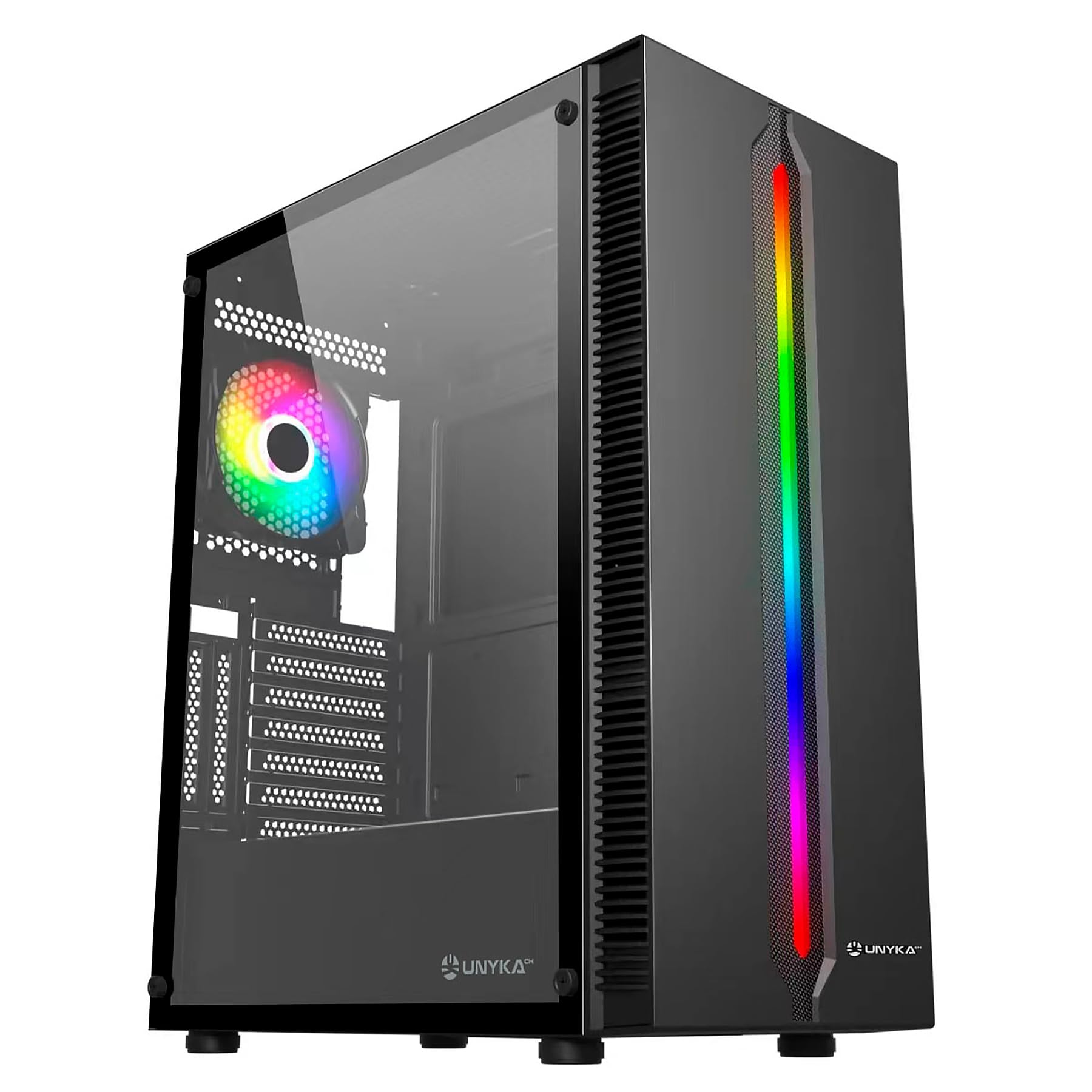 UNYKAch Boîtier de Gaming ATX Armor Lumina Noir avec façade avec Bande LED ARGB, grilles Verticales de Refroidissement, Panneau latéral en Verre trempé et Ventilateur ARGB de 120 mm