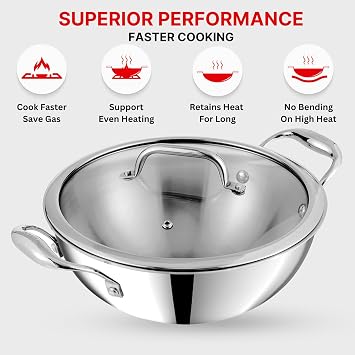 Vinod Platinum Triply Stainless Steel Kadai with Glass Lid Triply Kadai with Heavy Bottom Induction Friendly Triply Stainless Steel Cookware Kadhai (26 cm Diameter)