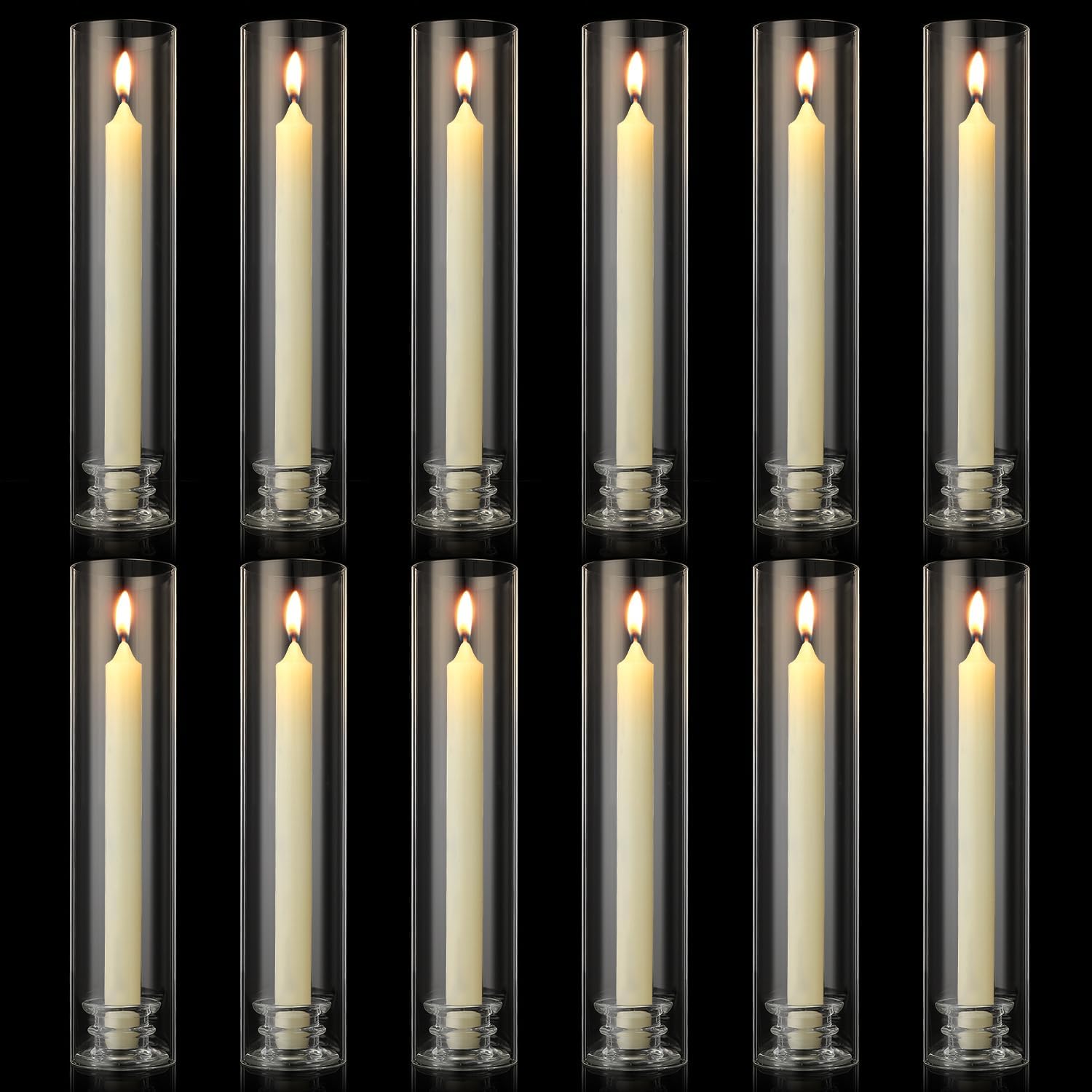 12 Sets Modern Candle Stand with Chimney Cover Taper Candle Holders Glass Hurricane Candle Holder for Tapered Candles 12inch Large Crystal Candlestick Holder Stand with Cylinder Sleeves for Wedding