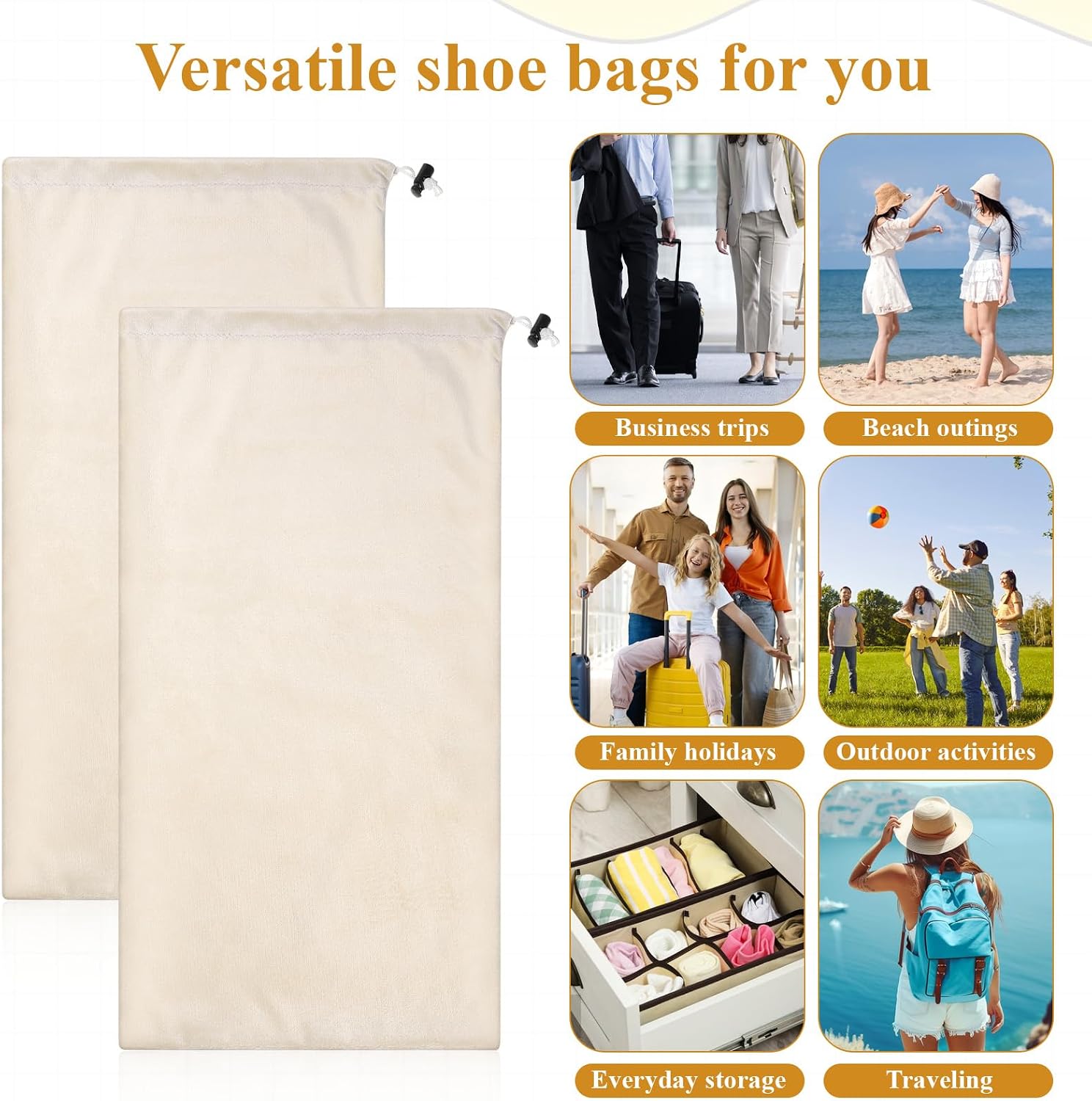 8 PCS Single Shoe Bags for Traveling, 18×9 Inch Travel Shoe Bags Velvet | for Packing in Suitcase with Drawstring Shoes Storage Bag Dust-Proof for Women and Men, Travel and Home Storage-Beige