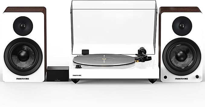 Fluance Reference RT85N High Fidelity Vinyl Turntable White, PA10 Phono Preamp, Ai61 Powered 6.5" Bookshelf Speakers White Walnut, Nagaoka MP-110 Cartridge, 120W Class D Amplifier, Bluetooth