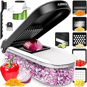 Fullstar Mandoline Slicer for Kitchen - Vegetable Chopper, Onion Potato Food Veggie Fruit Slicer and Cutter with Container, Kitchen Gadgets & Accessories, Home Essentials (6-in-1, White/Black)