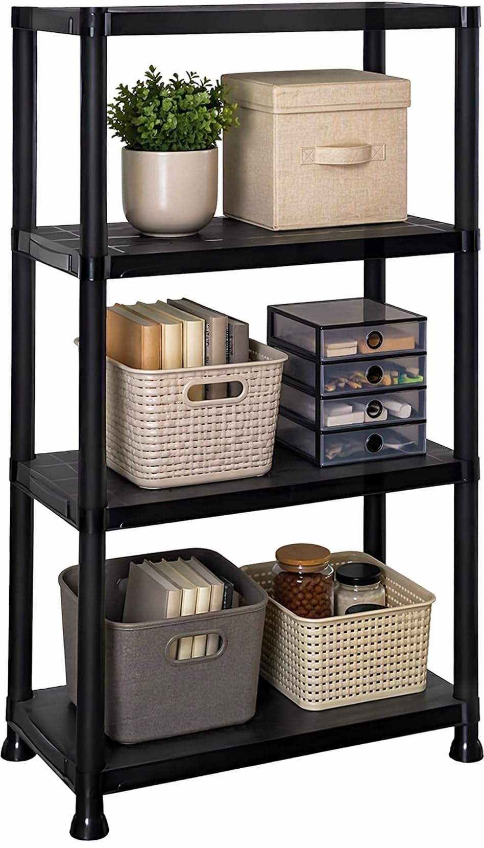 DIVCHI 4 Tier Plastic Storage Shelving Unit | Heavy Duty Shelf Rack for Home, Garage, Office & Utility Room | Shelf Rack (Black)