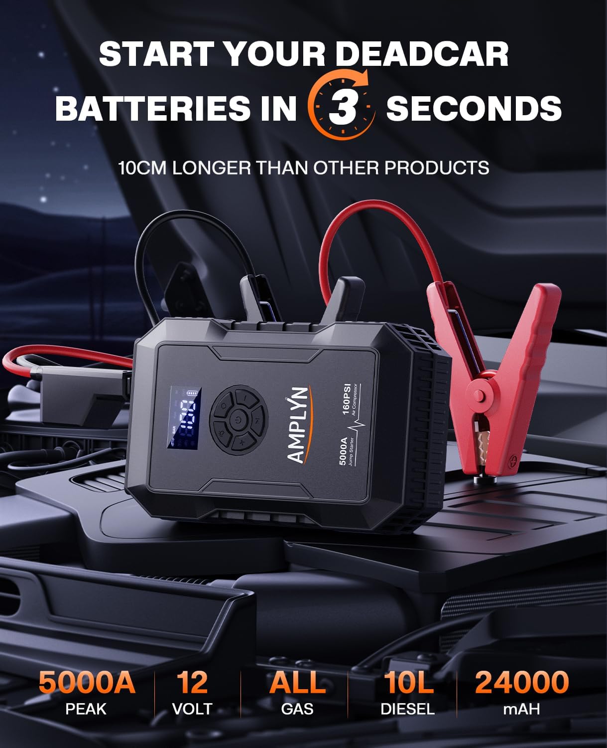 Car Battery Jump Starter with Air Compressor 160PSI,5000A 60W Portable Jump Starter Battery Pack (All Gas/10L Diesel),12V Starter Jump Box with Jumper Cables,Type C Fast Charging,3 Mode Light