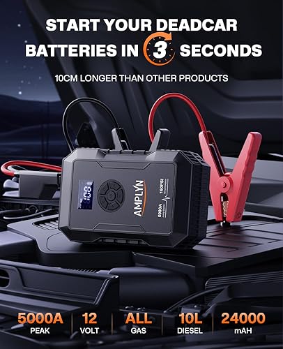 Miniatura 4 de Arrancador de batería de coche con compresor de aire de 160 PSI, 5000 A 60 W, batería de arranque portátil (todo a gas10L diesel), caja de arranque