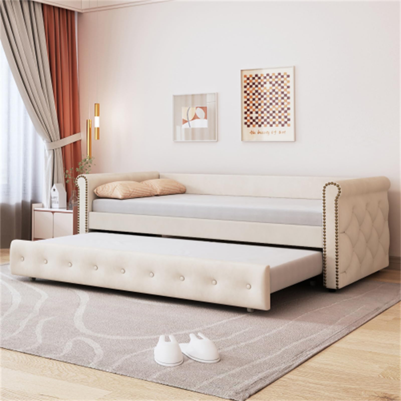 Cama nido tapizada con marco de listones de madera, cama juvenil, cama infantil, cama de invitados (beige + 90 x 200)