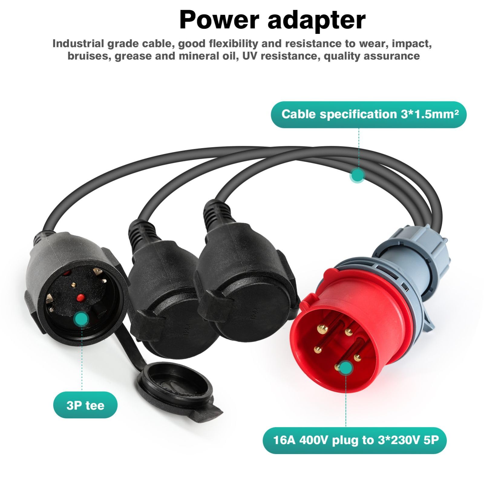 Jadeshay CEE-adapterkabel, CEE-adapter, 16 A, 400 V, stekker 3 x 230 V, verlengkabel voor buiten, 3 x 2,5 mm², IP44