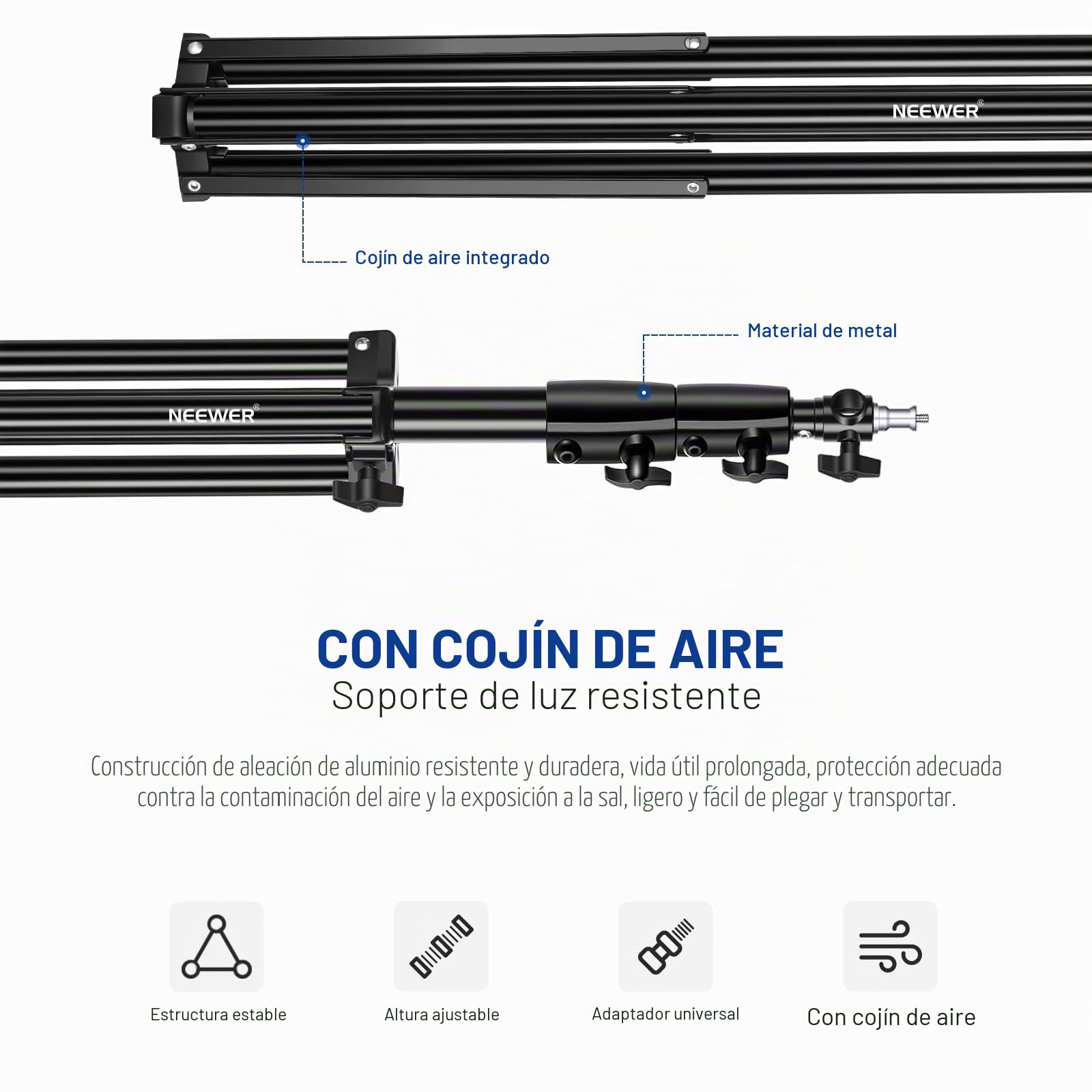 NEEWER Soporte de Luz con Amortiguación de Aire de 2,8m,Trípode Metálico Resistente con Espita Reversible de 1/4" a 3/8",3 Vías Interfaz de Montaje y Perillas de Bloqueo,Carga Máx.de 2,5kg,ST-280AC