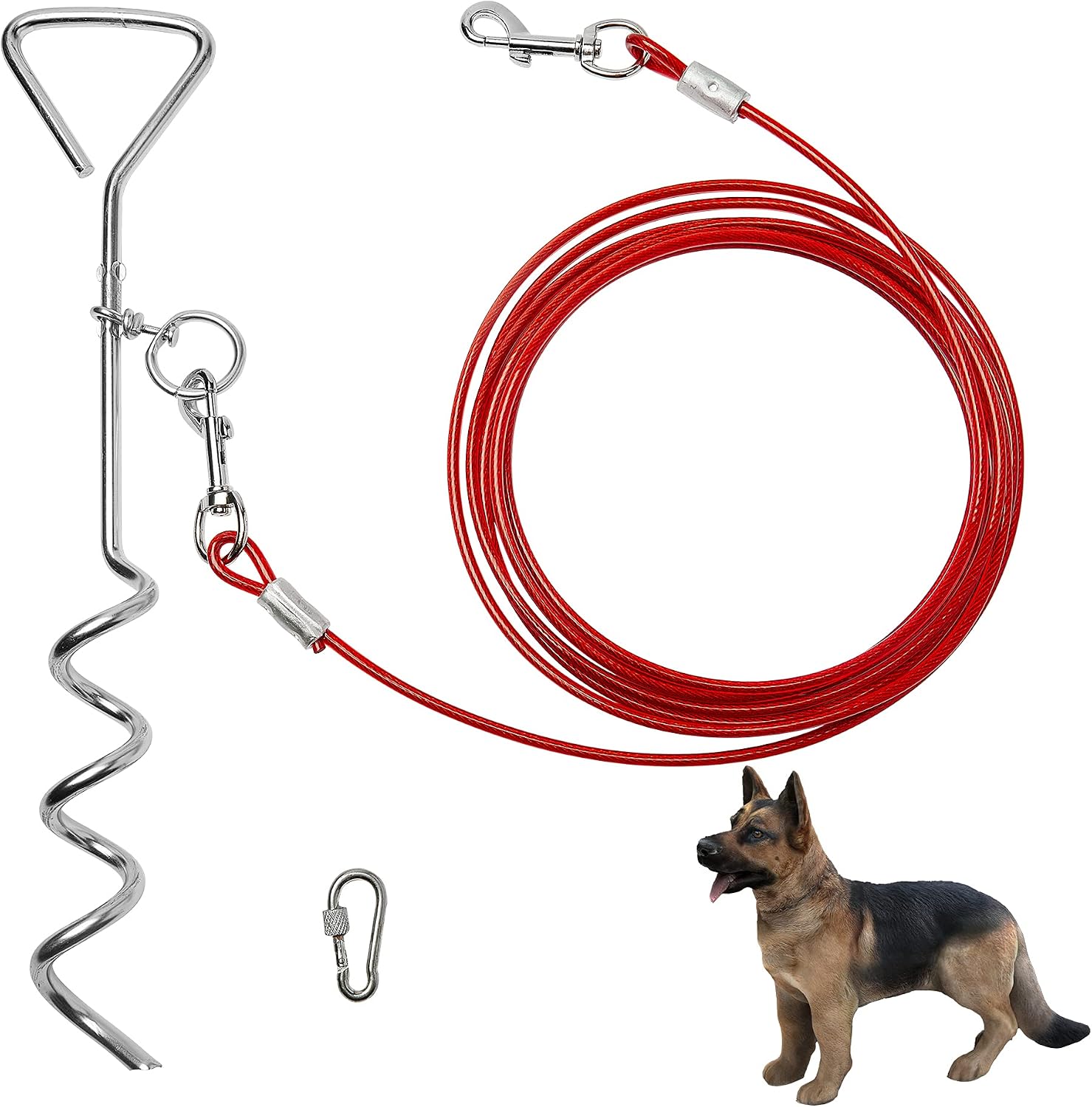 16 Ft Dog Tie Out Chain and Stake for Dog Outdoor Runs, Dog Camping Leash with Red Cable, Durable Dog Yard Traning Line