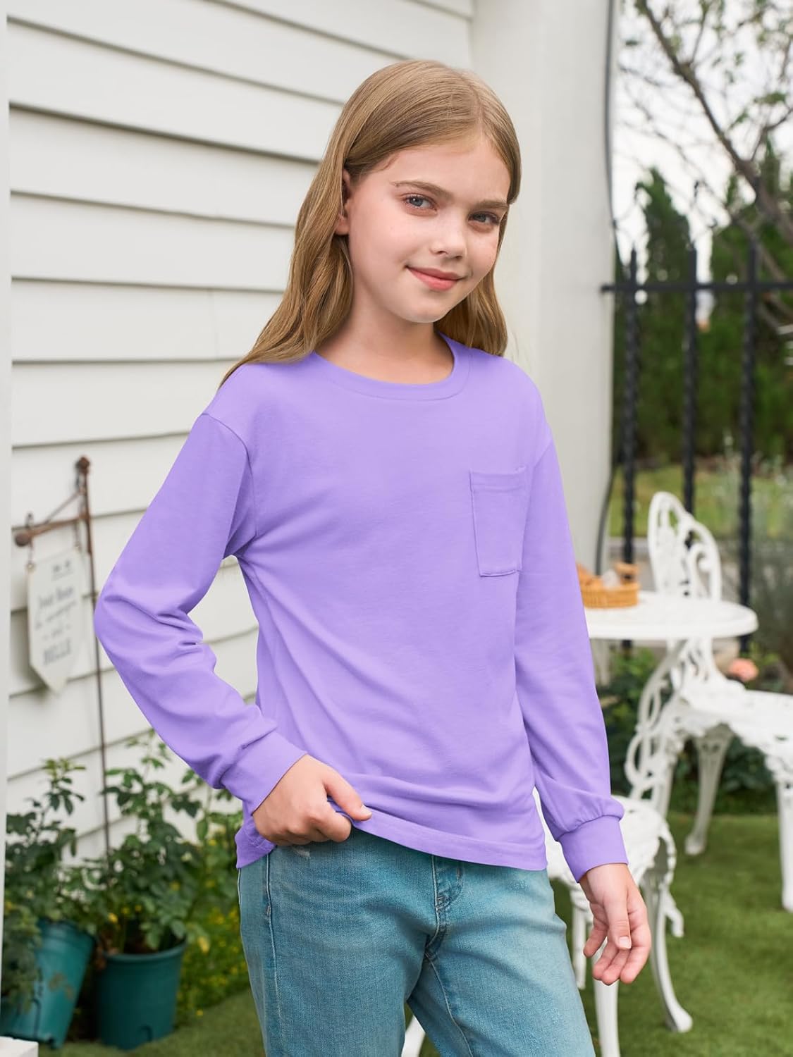 Haloumoning Girls Long Sleeve Shirts Kids Crewneck Soft Tunic Tops Basic Casual T-Shirts 5-14 Years with Pocket - Image 2