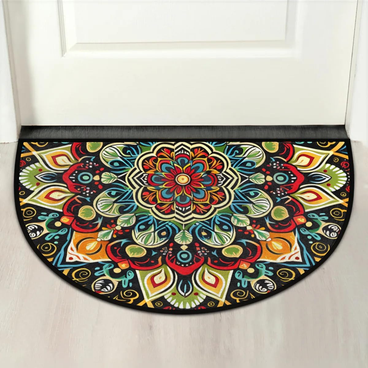 Half Round Door Mat Ethnic Flower Colorful Mandala Non-Slip Semi Circle Area Rug Washable Semi Circle Floor Rug for Indoor Outdoor Living Room Bathroom Kitchen Patio Hearth Rugs Home Decoration
