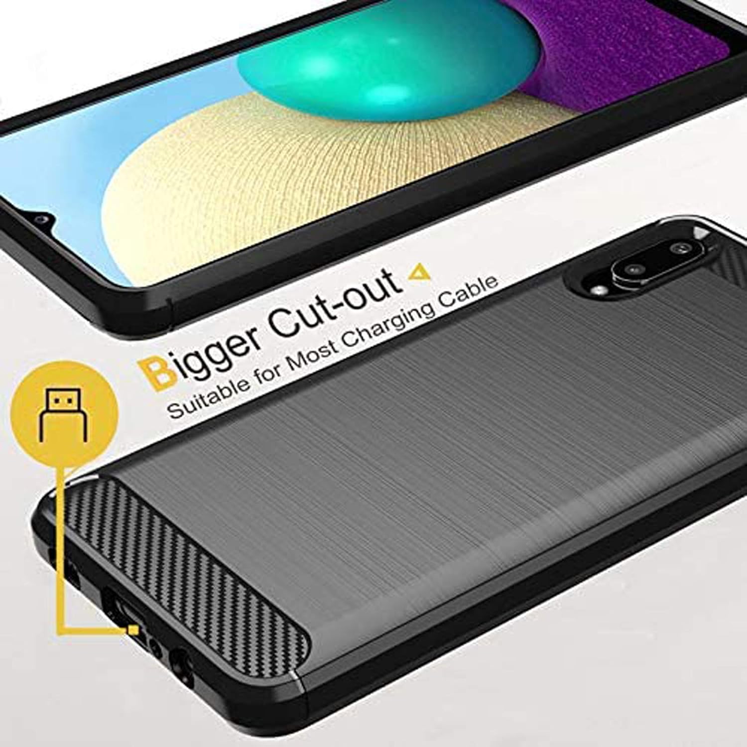 Dretal for Galaxy A02 Case, Galaxy M02 Case with Tempered Glass Screen Protector, Shock-Absorption Brushed Flexible Soft TPU Carbon Fiber Protective Cover for Samsung Galaxy A02 (LS-Gray)