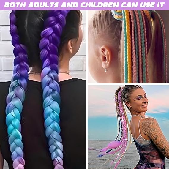 Rainbow Ponytail Extensions with Hairtie - 9 Strands Colored Glitter Hair for Braiding 66cm Synthetic Crazy Color Hair Accessories for Girls Women Kids Braiding Extensions for Crazy Coiffure (A)