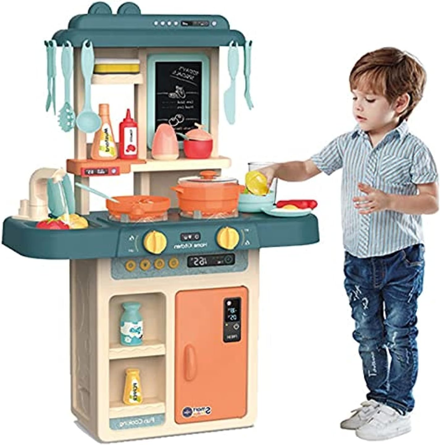 Kids Play Kitchen, Simulation Toy Spray Water Tableware Kitchen Toys, 42Pcs Cooking Set Fruit Vegetable Tea Playset Toy For Kids Educational Pretend Player