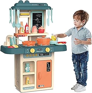 ألعاب مطبخ للاطفال من لينوزيد، لعبة محاكاة ببخاخ لرش الماء مع أدوات مائدة للأطفال، مجموعة للطبخ من 42 قطعة من الفاكهة والخضروات والشاي، للأطفال في سن مبكرة للتنمية التعليمية، أزرق