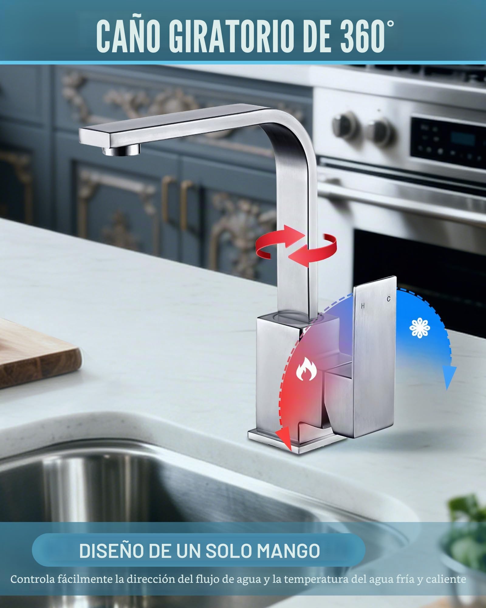 Grifo de cocina de alta presión, acero inoxidable, giratorio 360°, monomando para fregadero