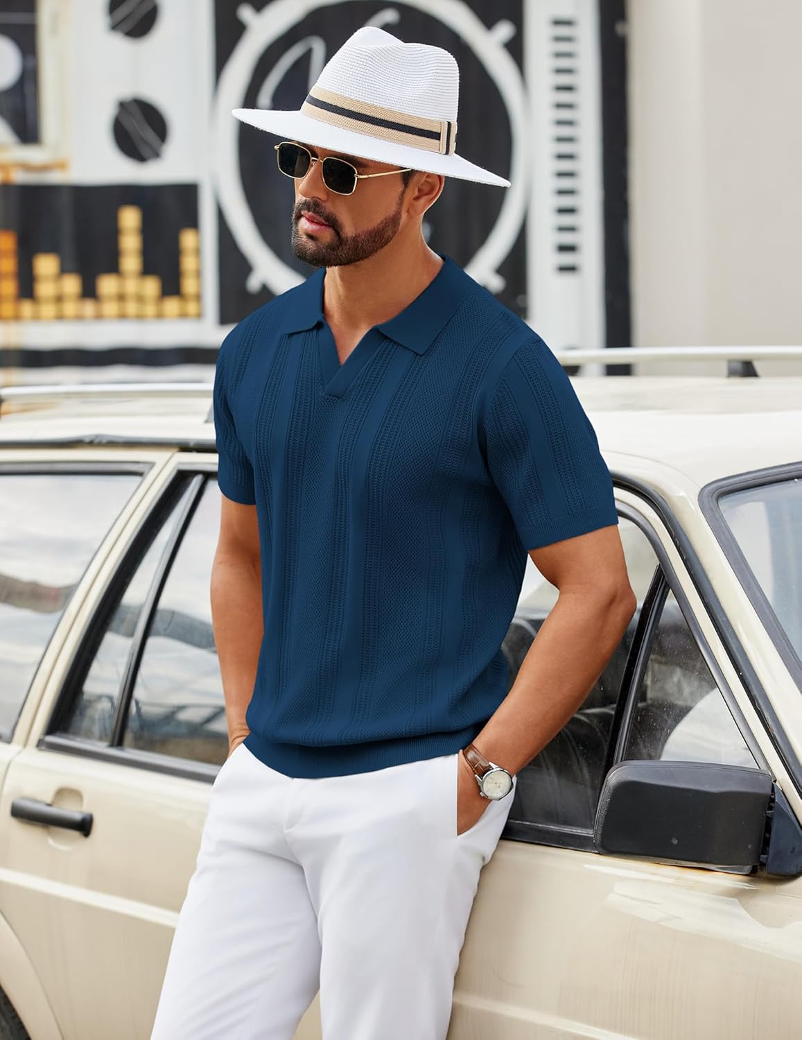 COOFANDY Mens Knit Polo Shirts V Neck Textured Polo Shirts Short Sleeve Breathable Polo Casual Collared T Shirt Fashion Tops - Image 3