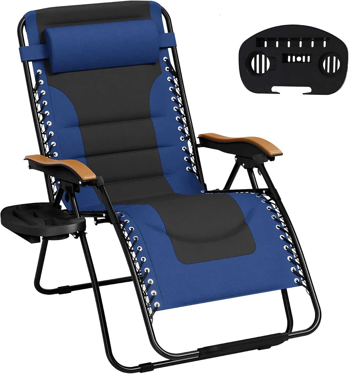 MFSTUDIO Zero Gravity Chairs, Oversized Patio Recliner Chair, Padded Folding Lawn Chair with Cup Holder Tray, Support 400lbs, Navy Blue