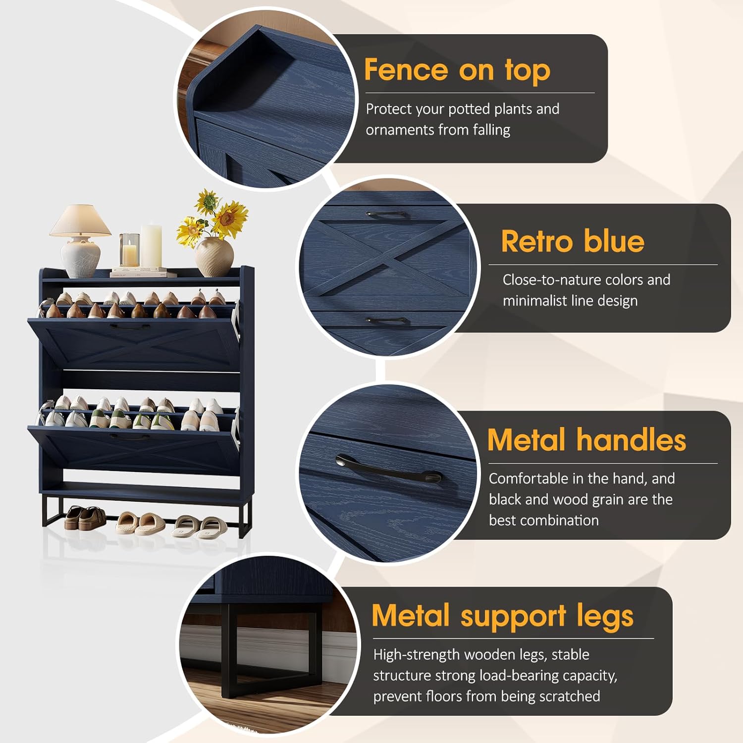 Maupvit Shoe Storage Cabinet with 2 Flip Drawers, Freestanding Shoe Organizer with Metal Legs for Entryway, Narrow Shoe Rack Cabinet, Blue